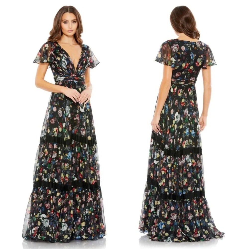 MAC DUGGAL‎ 67934 Maxi Dress Black Floral Tiered Chiffon Women's 6 NWT Imperfect